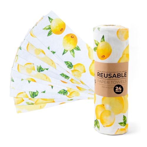 Zero Waste - Toallas de papel reutilizables, toallitas de franela de algodón orgánico para cocina, baño, secado de manos, desorden de mascotas y limpieza de mostrador, limones, juego de regalo de 24