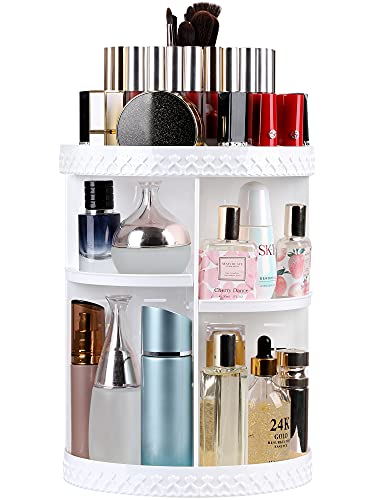 Syntus Rotating Makeup Organizer, 360 Adjustable Cosmetic Carousel Spinning Holder Rack, Large Capacity Makeup Storage Box Vanity Shelf Countertop for Bathroom, Lipsticks, Brushes, White