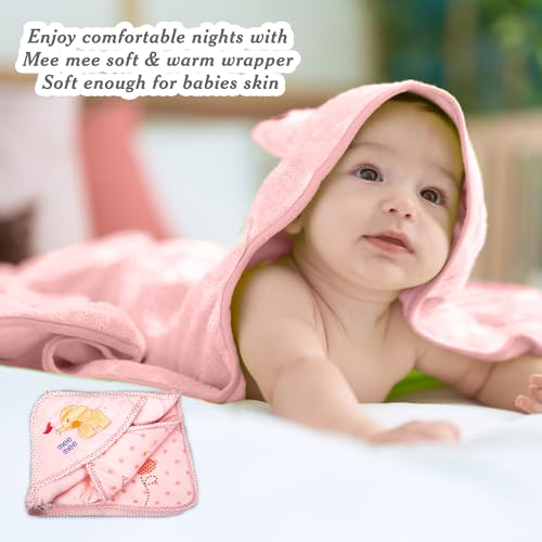 Image of Mee Mee 100% Soft Cotton Hooded Baby Wrapper Cum Warmer, Blanket with Hood for New Born Baby 0 to 6 Months (Pink Printed)
