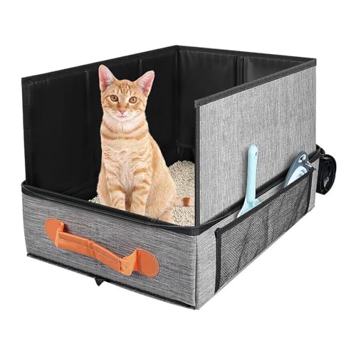 Caja higiénica de viaje para gatos, arenero plegable para gatos – Impermeable antiderrames con tapa y asa, bandeja fácil de transportar para coche, avión y hotel