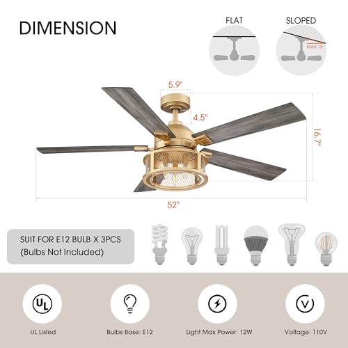 Parrot Uncle Ceiling Fans with Lights and Remote 52 Inch Ceiling Fan with Light for Bedroom Farmhouse Outdoor Ceiling Fans for Patios Covered, Gold, 1 Piece - Thumbnail 2