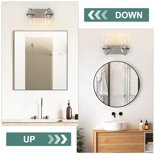 Image of Brushed Nickel Bathroom Light Fixtures, 2 Lights Bathroom Lighting Fixtures Over Mirror, Square Design & Rectangle Large Backplate, Modern Vanity Lighting Fixtures, for Living Room /Bedroom