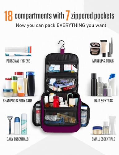 Image of VENTURE 4TH Hanging Travel Toiletry Bag, 18 Compartments - Purple | Hangs on rails, hooks or doors; stands upright. Removable TSA pouch. Water-resistant Nylon 290D Twill, reinforced stitching.