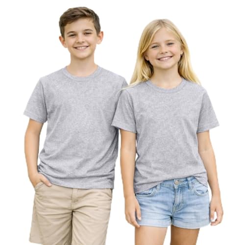 KHIM Kids Adult Pack of 2 Plain PE T Shirts Boys Girls Active Wear Crew Neck T-Shirt Lightweight & Breathable Fabric Ideal for PE and School Uniform - Grey