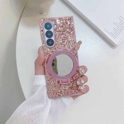 Étui pour Samsung Galaxy Zfold5 luxe diamant brillant et support magnétique de mode rose