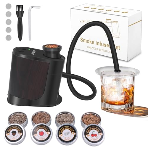BORUIT Kit de ahumador de cóctel recargable, pistola de fumar ajustable con 3 ajustes, apagado automático y 4 sabores chips de madera con kit ahumado a la antigua, regalos de whisky para hombres, papá