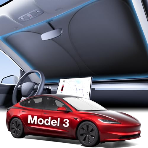 Wigoo 2026 Upgraded Accessories Tesla Model 3 Windshield Sunshade [OEM Design 100% Sun Blockage] Foldable Heat Insulation Sun Shade with Storage Bag for Tesla Model 3 2016~2026 Silver Coating