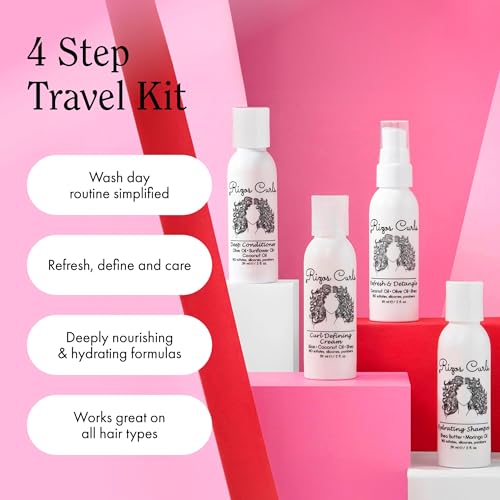 Rizos Curls 4-Step Travel Kit for Curly Hair: Curl Defining Cream, Shampoo, Conditioner, Refresh & Detangle (2 fl oz each)