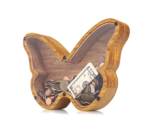 Butterfly Piggy Bank For Boys And Girls - Personalized Money Box For Kids - Wooden Coin Saver - Perfect Gift Idea For Developing Money Saving Habit 2 Sizes (Standard) #TOP6