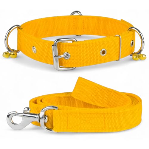 Image of Dog Neck Collar Belt and Leash for Medium Dogs, Dog Stylish Nylon Leash Belts with Bell - Beagle, Pug, Boxer, Shiba Inu, Tibetan Terrier, Indian Spitz (Medium, Yellow)
