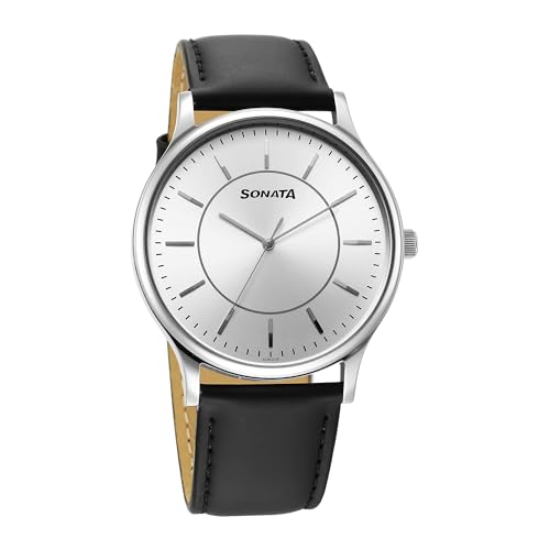 Image of Sonata Aspire Quartz Analog Silver Dial Leather Strap Watch for Men