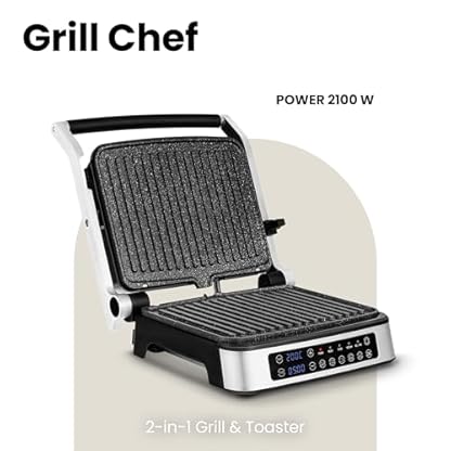 ZEEGMA Grill Chef Elektrischer Kontaktgrill und Sandwichtoaster 2100W, herausnehmbare Heizplatten, 2in1, 180 ° klappbar, Antihaftbeschichtung, Tropfschale, akustische Benachrichtigungen (SILVER) – Bild 3