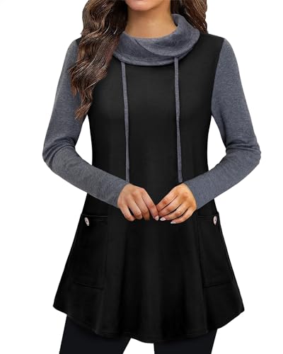 Bulotus Fall Sweaters for Women 2025 Cowl Neck Asymmetrical Long Tunics for Leggings Vacation Travel Tops with Pockets