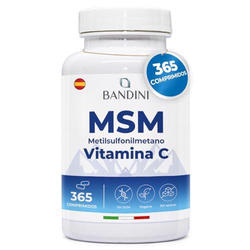 Bandini® MSM 2000 mg + Vitamina C, 365 Comprimidos Veganos para 6 meses | Metilsulfonilmetano Alta Dosificación | Para Huesos, Articulaciones, Piel, Cabello y Uñas | Tabletas naturales sin aditivos