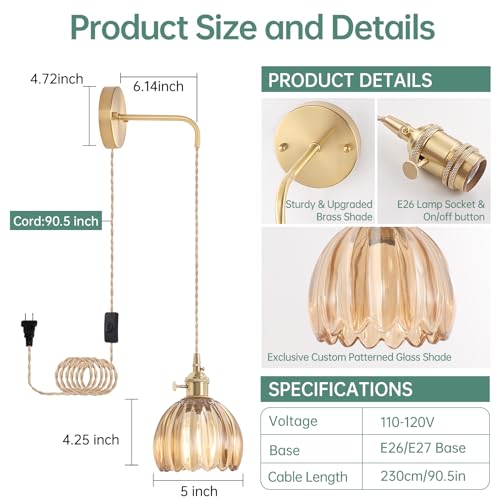 Image of Shenmoyl Vintage Wall Sconce Wall Lamp with Amber Tulip Glass Shade Hanging Wall Sconce with 4.9FT Plug in Cord, Modern Wall Lamp Fixtures Decor for Bedside Bedroom Indoor Doorway
