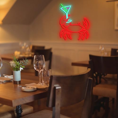 Image of Crab Cocktail Neon Sign USB Powered Drinking LED Signs for Bar Wall Decor Dimmable Funny Hairy Crab Neon Light for Seafood Market Coastal Beach Themed Restaurant Pub