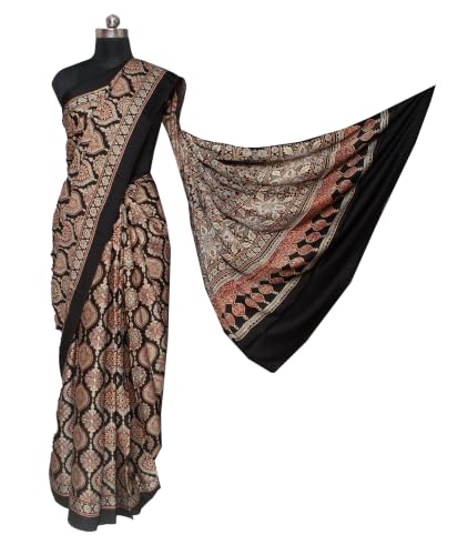 Image of Ethnics of Kutch Womenss Ajrakh Modal Silk Natural Dye Hand Block Print Saree with Blouse Piece - 5.5 Mtr Length