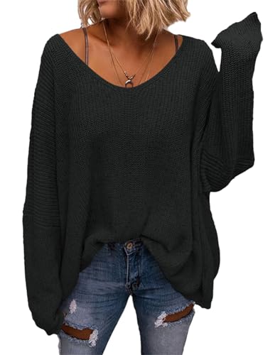Saodimallsu Damen V-Ausschnitt Pullover Loose Fit Sweatshirt Strickpullover Langarmshirts Oversize Oberteile Schwarz XXL
