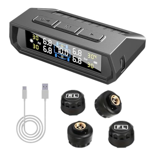Stynxro タイヤ空気圧センサー TPMS 空気圧センサー 車両 日本語音声アラーム音 振動感知 圧力温度 リアルタイム監視 ソーラー/USBデュアル充電 IP67防水 1.6-6.8Bar 多車種対応 取り付け簡単の商品画像（Amazon）