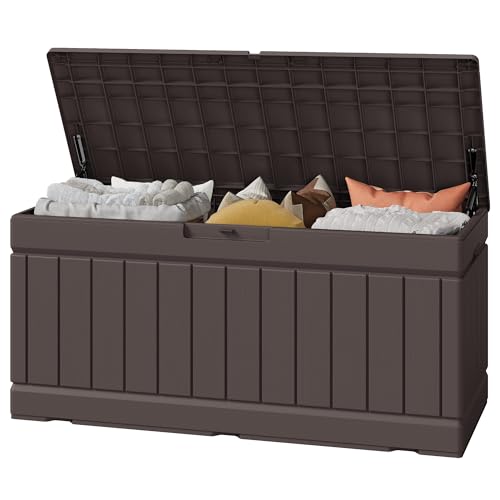Greesum Outdoor Storage Box 82 Gallon Storage Bin with Lid for Patio Furniture, Garden Tools, Pool Supplies, Waterproof and UV Resistant, Lockable, Dark Brown