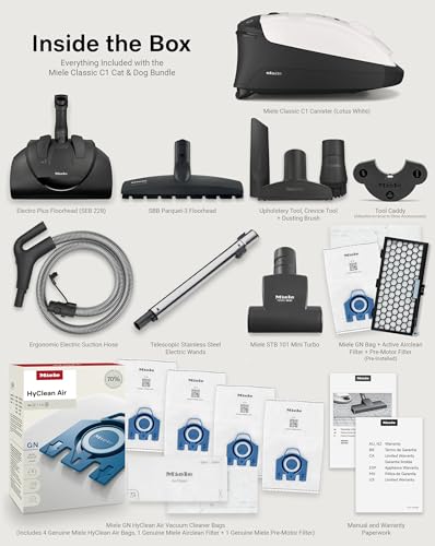 Image of Miele Classic C1 Cat & Dog Canister Vacuum Cleaner with SEB228 Electro Plus Floorhead + Parquet-3 Floorhead Bundle - Includes GN Bag Pack - 4 Genuine FilterBags + AirClean Filter and Pre-Motor Filter