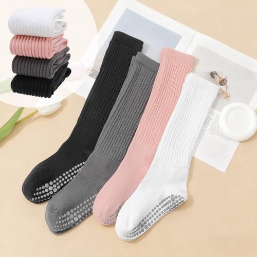 Image of Jspupifip 4 Pairs Women Slouch Pilates Socks with Grips, Non-Slip | 90.5% Cotton, Silicone Grip, Breathable, Yoga Scrunch Socks, Fits US 5-8, Barre, Hospital, Workout