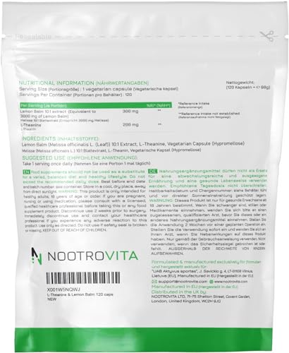 L-Theanin Nootrovita mit Zitronenmelisse 500mg – 120 Kapseln
