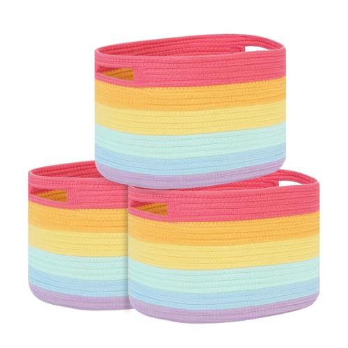 Temary Woven Baskets for Storage 3 Pack Storage Baskets for Organizing, Rectangle Decorative Rope Baskets for Storage Clothes, Towels, Storage Bins with Handles (Rainbow, 13"x9.8"x8.5") by Temary - Used condition - US$20.36