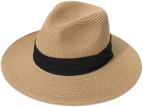 Lanzom Women Wide Brim Straw Panama Roll up Hat Fedora Beach Sun ...