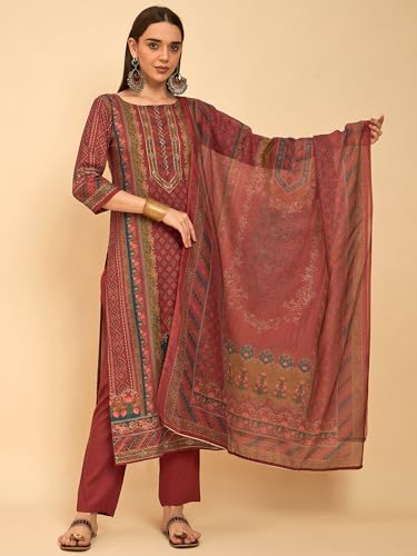 Image of SheWill Kurta Sets for Women - Red Rayon Aari Hand Work with Digital Floral Print Kurta with Pant and Chanderi Dupatta |Stylish Printed Summer Kurti Set