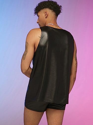 WDIRARA Men's 2 Piece Outfit Mesh Sheer Pu Leather Tank Top and Track Shorts Set2