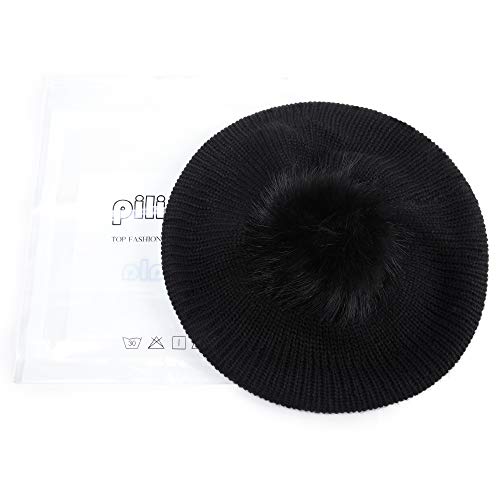Women's Knit Beret Hat With Fur Pom French Beret Bennie Fashion Skull Cap Winter(Black-B) #TOP6