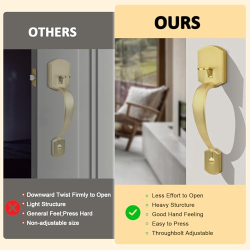Image of Probrico Front Door Handle,Brushed Gold, Heavy Duty Exterior Door Handle with Reversible Lever, Satin Gold Entry Lock Grip Handle with Wave Lever, Keyless Door Locks in Camelot Look, 1Pack