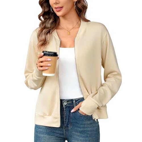 Totatuit Womens Long Sleeve Zip Up Cardigan Jacket Outfits Crewneck Casual Bomber Coat Lightweight Sweatshirts Apricot X-Large