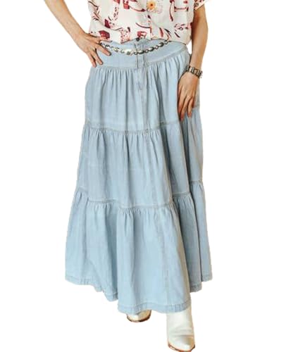 Femiserah Women's High Waisted Maxi Tiered Denim Skirt Long Boho Flowy Pleated Jean Skirt