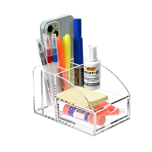 Ikee Design Acrylic Premium Desktop Office Supplies Organizer with Post It Note Pad Holder, Mail Storage and 3 Pencil Slots Pencil Holder, Office Tool Storage Case, 3 7/8 W x 5 7/8 D x 3 1/2 H in