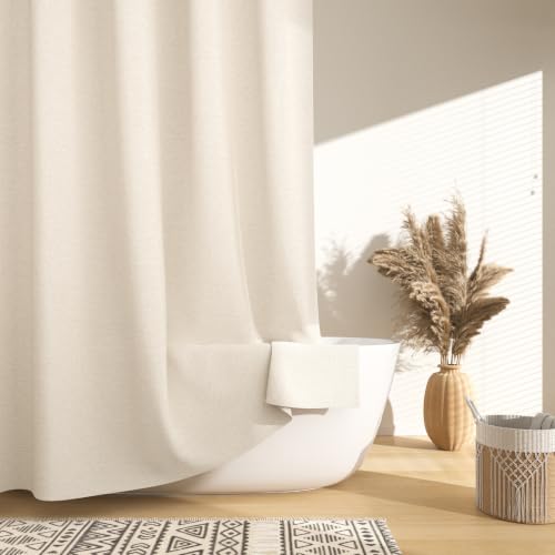 TOENGS Beige Linen Textured Shower Curtain with 12 Metal Hooks 72"W x 72"L