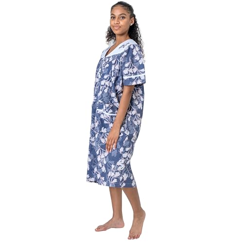 Image of Women's Short Sleeve Woven Snap-Front Closure Floral Embroidery Housecoat Duster Lounge Nightgown Robe with Front Pockets