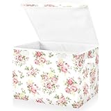 Flower Baskets Collapsible Storage Bins with Lids, Pink Rose Flower Floral Storage Boxes Clothes Baskets for Organizing