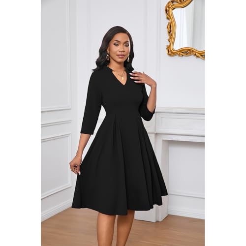 Image of Max2co Midi Dresses for Women Semi Formal Fit and Flare A-Line Swing Dress 3 /4 Sleeve Church Cocktail Dress with Pockets