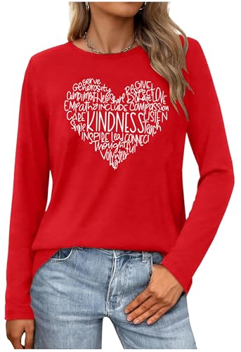 Image of Valentines T Shirts for Women Funny Double Heart Graphic Wife T Shirts Girlfriend Tees Long Sleeve Sweet Couple Tops, Kindness Red, XXL
