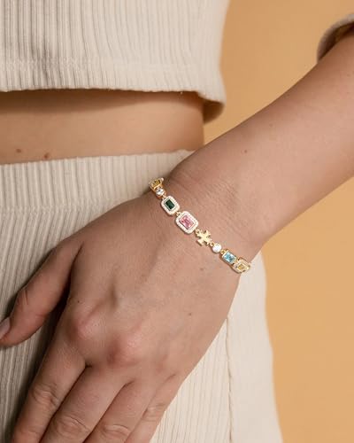 925 Sterling Silver Tennis Bracelet For Women Men 18K Gold Plated Colorful Gemstone Bracelet Multi-Color Cubic Zirconia Bracelets, Hypoallergenic, 7MM, 6.0-8.5Inches, Birthday Christmas Gift4