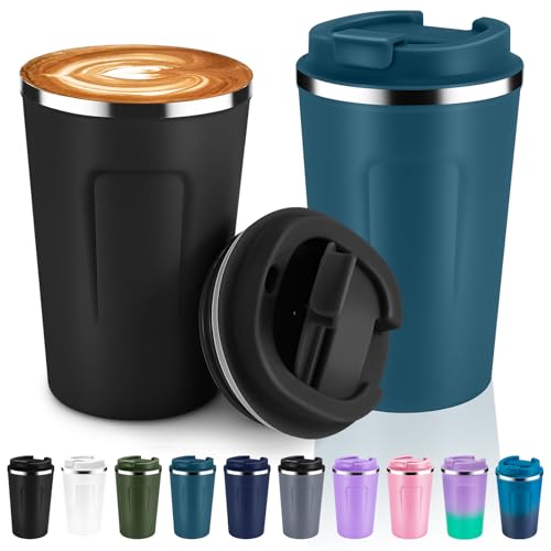 Image of Volhoply 360ml 12oz Double Wall Insulated Vacuum Travel Coffee Mugs with Flip Lid Bulk 2 Pack,Reusable Stainless Steel Leak Proof Coffee Cup,Thermal Tumbler for Cold&Hot Drinks(Assort Color,2 Set)