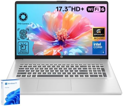 HP Essential 17.3" HD+ Touchscreen Intel 5 120U Laptop, 16GB DDR4 + 512GB | Full-size Backlit Keyboard, Wi-Fi 6, Fingerprint Reader, Privacy Shutter Camera, Bluetooth, Dual Speaker, Win 11 Home,Silver