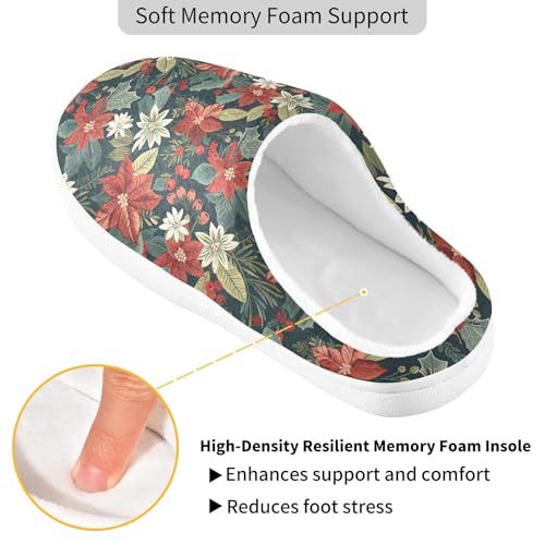 Fuzzy Memory Foam Slippers for Women/Men Christmas Poinsettia Mistletoe Hellebore Pattern Fluffy Winter House Shoes Indoor and Outdoor3