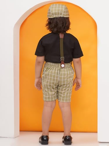 Image of AJ DEZINES Kids Clothing Cotton Blend Checkered Printed Shirt Shorts With Cap and Suspenders Set for Boys