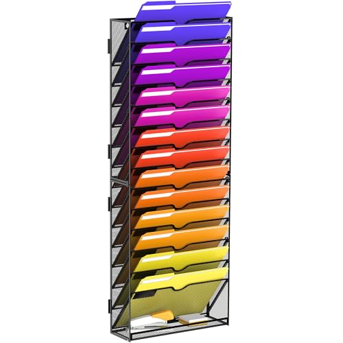 15-Tier Wall File Organizer, Hanging Wall File Holder for Papers, Folders, Magazines, Mesh Mail Holder Magazine Rack for Office Home Classroom, Black
