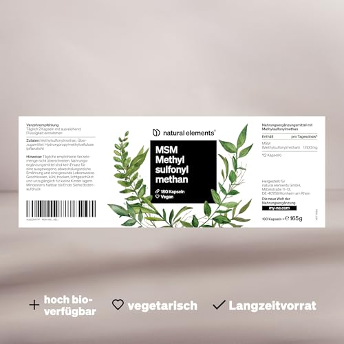 natural elements MSM Kapseln - 180 vegane Kapseln - Laborgeprüfte 1600mg Methylsulfonylmethan (MSM) Pulver pro Tagesdosis - Ohne Magnesiumstearat, hochdosiert und in Deutschland produziert