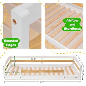 Twin Size Floor Bed with Safety Guardrails for Kids, Montessori Floor Bed with 2 Openings, Twin Bed Frame for Girls and Boys (White) Twin Size Floor Bed with Safety Guardrails for Kids Montessori Floor Bed with 2 Openings Twin Bed Frame for Girls and Boys White