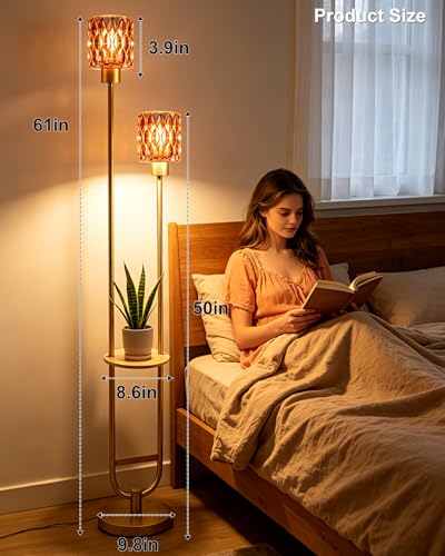 Image of Deep-Red Glass Floor Lamp with Table Shelf, Modern Gold Standing Lamp, Tall Farmhouse Floor Lamp with Foot Switch & 3000K Warm White Bulb Included for Living Room Bedroom Home Office